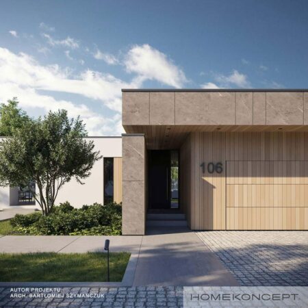 Projekt domu z płaskim dachem homekoncept 106 - widok na bramę garażową.