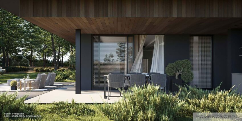 Projekt domu 150m2 homekoncept 107 - widok stołu jadalnianego na tarasie.