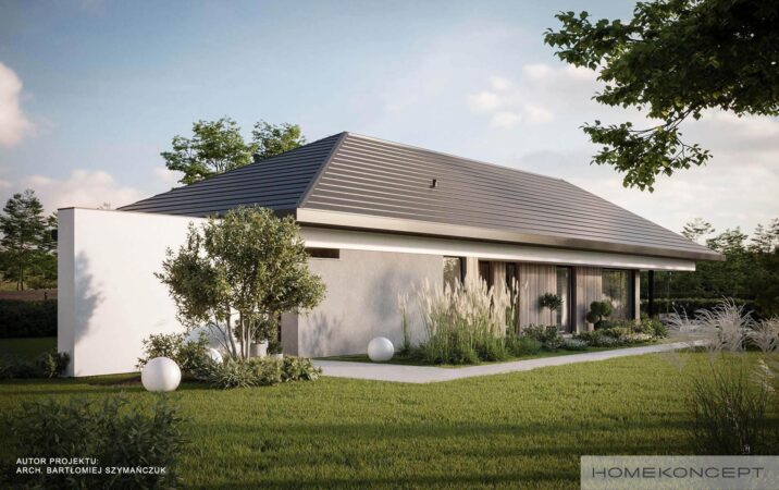 Projekt domu w kształcie litery l homekoncept 108 - widok na ogród wokół domu nowoczesnego.