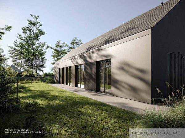 Projekty domów jednorodzinnych homekoncept 125 - widok na ciemną elewację ściany bocznej budynku.