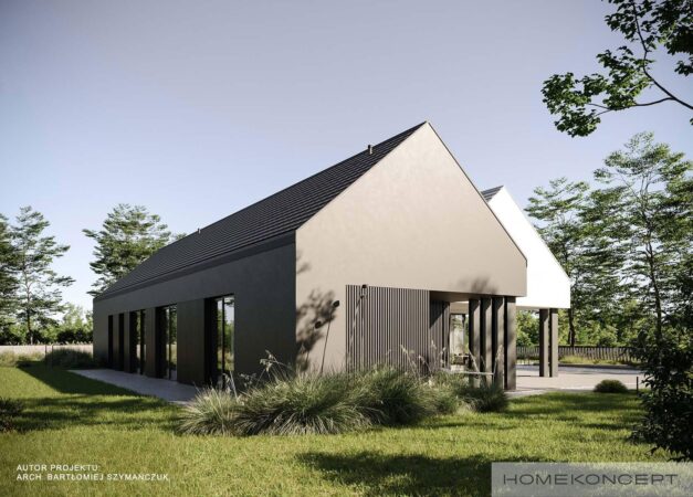 Projekty domów jednorodzinnych homekoncept 125 - widok na ozdobne lamele na elewacji ogrodowej.
