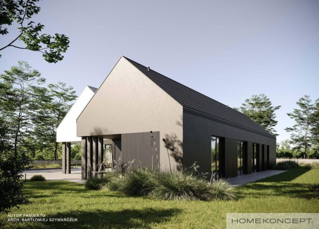 Nowoczesna stodoła projekt homekoncept 125 - widok budynek parterowy z dwuspadowym dachem.