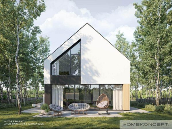 Projekt domu z poddaszem homekoncept 100 - widok na elewację ogrodową budynku.