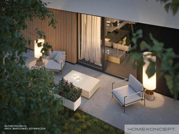 Projekt domu 120 m2 homekoncept 100 - widok na taras i meble ogrodowe.