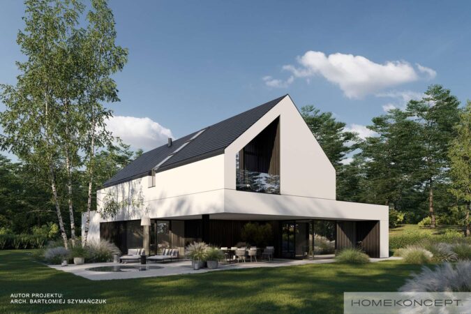 Nowoczesna stodoła projekt homekoncept 127 - widok na dwuspadowy dach bez okapu.