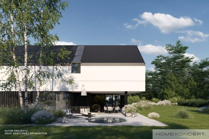 Projekt domu piętrowego i z poddaszem homekoncept 127 - widok na nowoczesny zadaszony taras.