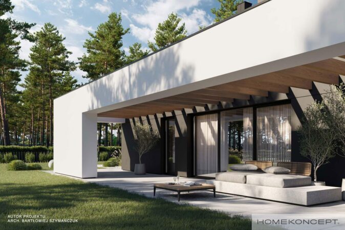 Projekt domu z antresolą homekoncept 98 - widok na drewniana pergolę nad tarasem.