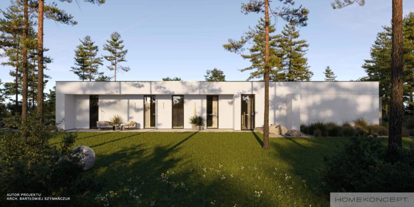 Dom parterowy homekoncept 112 g2 - widok na jasną elewację z tynku silikonowego.