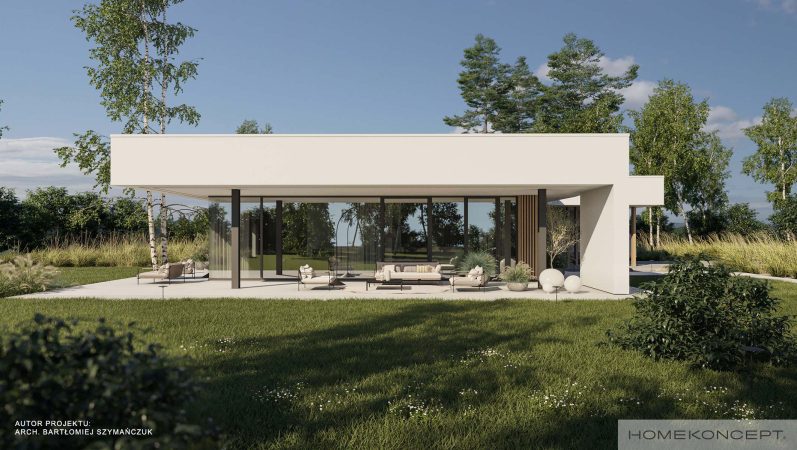 Projekt domu jednorodzinnego - projekt domu parterowego z garażem - proejkt domu z płaskim dachem homekoncept 122 - widok na strefę ogrodową.