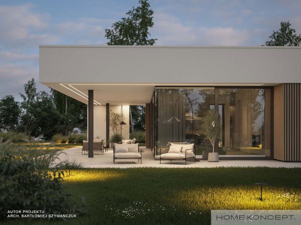 Projekt domu z płaskim dachem homekoncept 122 - widok na duże przeszklenie przy tarasie.