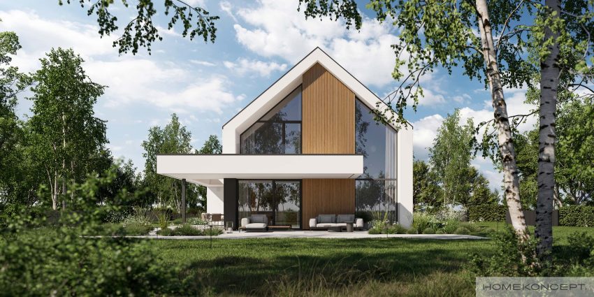 Projekt domu z poddaszem - nowoczesna stodoła - projekt domu z garażem homekoncept 130 a - widok na ogród.