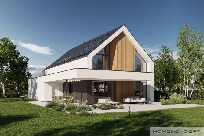 Projekt domu z garażem homekoncept 130 a - widok na strefę ogrodową z zadaszonym tarasem.