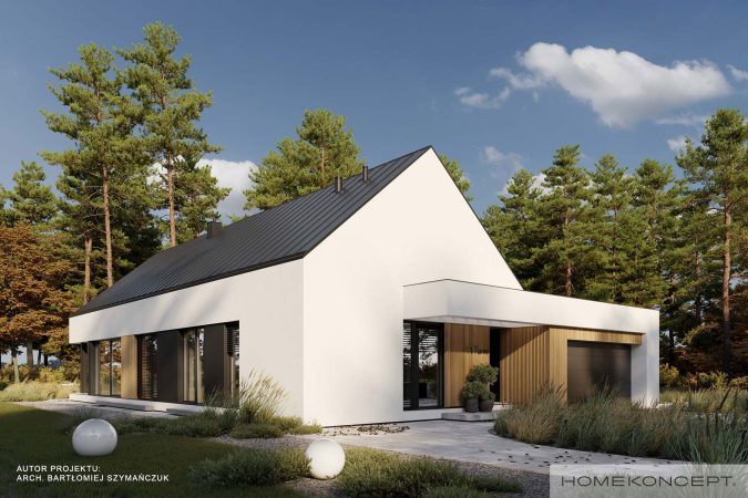 Dom parterowy homekoncept 117 g2 wariant 02 - widok na bryłę z garażem.