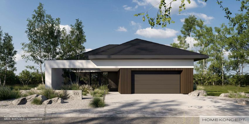 Projekty domów jednorodzinnych - projekty domów parterowych z garażem - projekty domów 130m2 homekoncept 133 - widok na front.