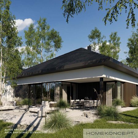 Projekty domów 130m2 homekoncept 133 - widok na duże okno narożne przy tarasie.
