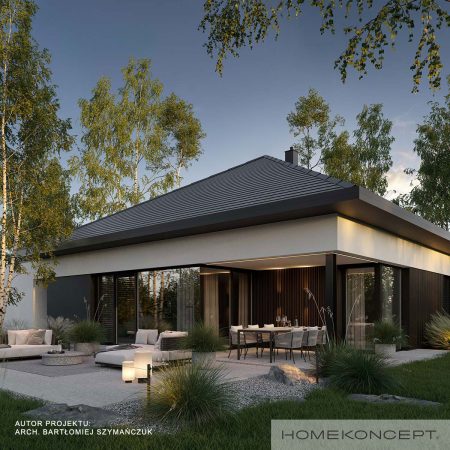 Projekty domów 130m2 homekoncept 133 - widok na taras w ogrodzie.