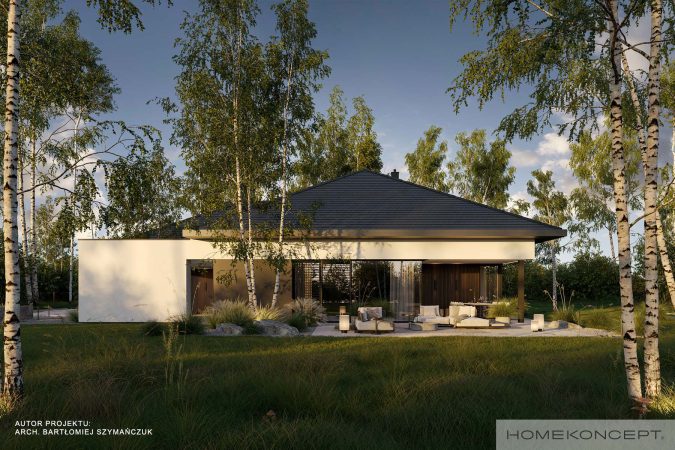 Projekty domów 130m2 homekoncept 133 - widok na duże okna w strefie ogrodowej.