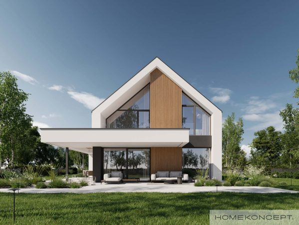Projekt domu z poddaszem i garażem homekoncept 130 - widok na dom w stylu nowoczesnej stodoły.
