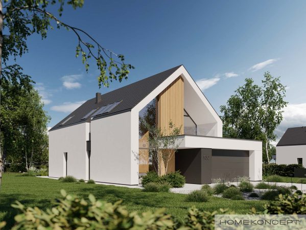 Projekt domu z poddaszem i garażem homekoncept 130 - widok na bramę garażową oraz wejście do budynku.