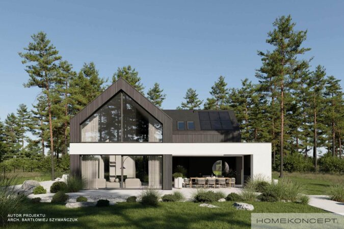 Dom nowoczesny homekoncept 116 - widok na bryłę z dwuspadowym dachem.
