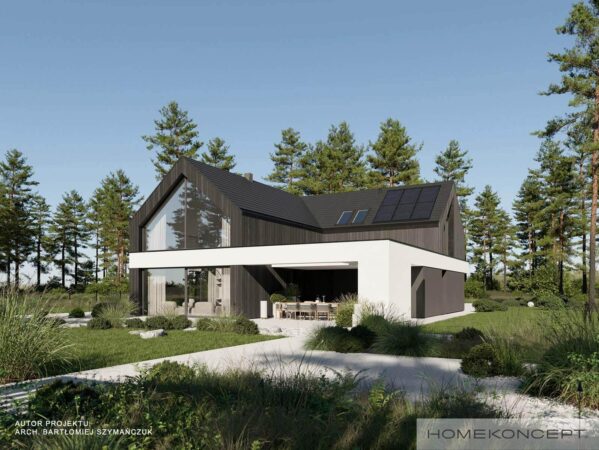 Dom nowoczesny homekoncept 116 - widok na elewację kontrastującą z jasnym belkowaniem.