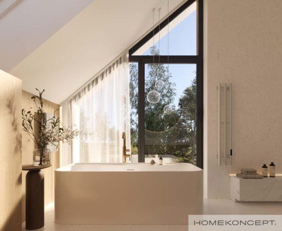Nowoczesna stodoła projekt homekoncept 130 - widok na wanną wolnostojącą w łazience.