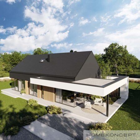 Nowoczesna stodoła homekoncept 144 - widok na bryłę w dwuspadowym dachem bez okapu.