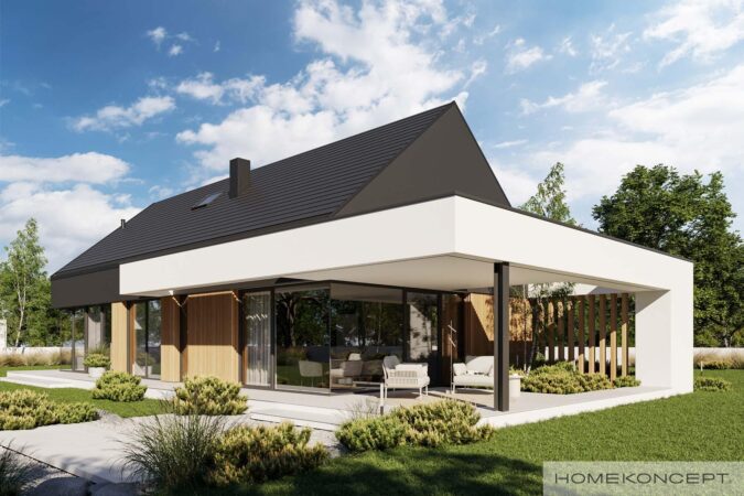 Projekt domu parterowego homekoncept 144 - widok na nowoczesne belkowanie wokół domu.