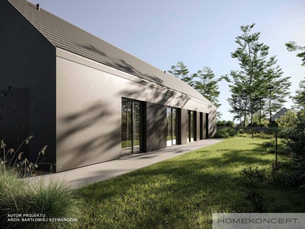 Projekty domów parterowych z garażem homekoncept 125 - widok na ciemny tynk silikonowy na elewacji bocznej.